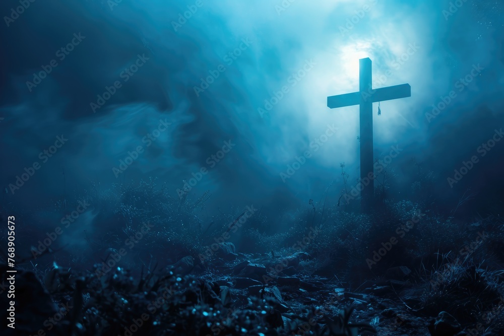 Moonlit Golgotha, dim blue hue, Jesus Christ bearing His cross, lowangle, ethereal mist - obrazy, fototapety, plakaty 
