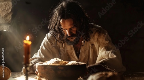 Jesus breaking bread during the last supper, symbolizing his body offered for humanity