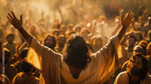 Jesuss hands raised, commanding attention, midshot, divine authority, captivated audience photo