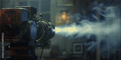 Vintage projector lens with soft blue illumination in a dark room