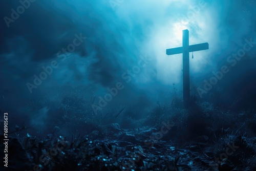 Moonlit Golgotha, dim blue hue, Jesus Christ bearing His cross, lowangle, ethereal mist photo
