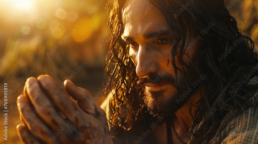 Closeup of Jesus, expressive hands, warm glow illuminating His face, deep connection, serene wisdom - obrazy, fototapety, plakaty 