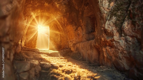 An empty tomb at dawn, light streaming in, signifying Jesus resurrection