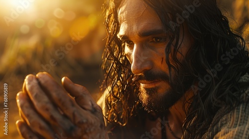 Closeup of Jesus, expressive hands, warm glow illuminating His face, deep connection, serene wisdom
