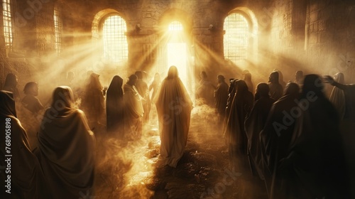 Jesus appearing to the disciples after resurrection, a room filled with awe and light