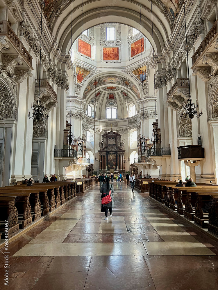Salzburg, Austria - Nov 1 2023: The stunning interior of Salzburg Cathedral in Salzburg, Austria. Ornate baroque design, intricate frescoes, and grand architecture showcase its splendor. Salzburg, Austria - Nov 1 2023: The stunning interior of Salzburg Cathedral in Salzburg, Austria. Ornate baroque design, intricate frescoes, and grand architecture showcase its splendor.