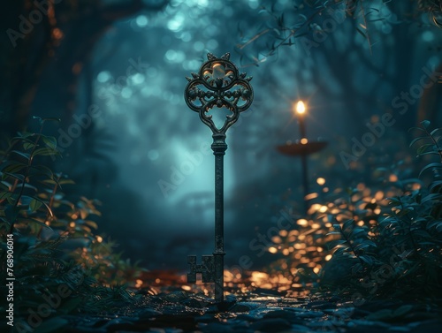 A mysterious key, ancient and intricate design, unlocking forgotten secrets in a moonlit forest photo