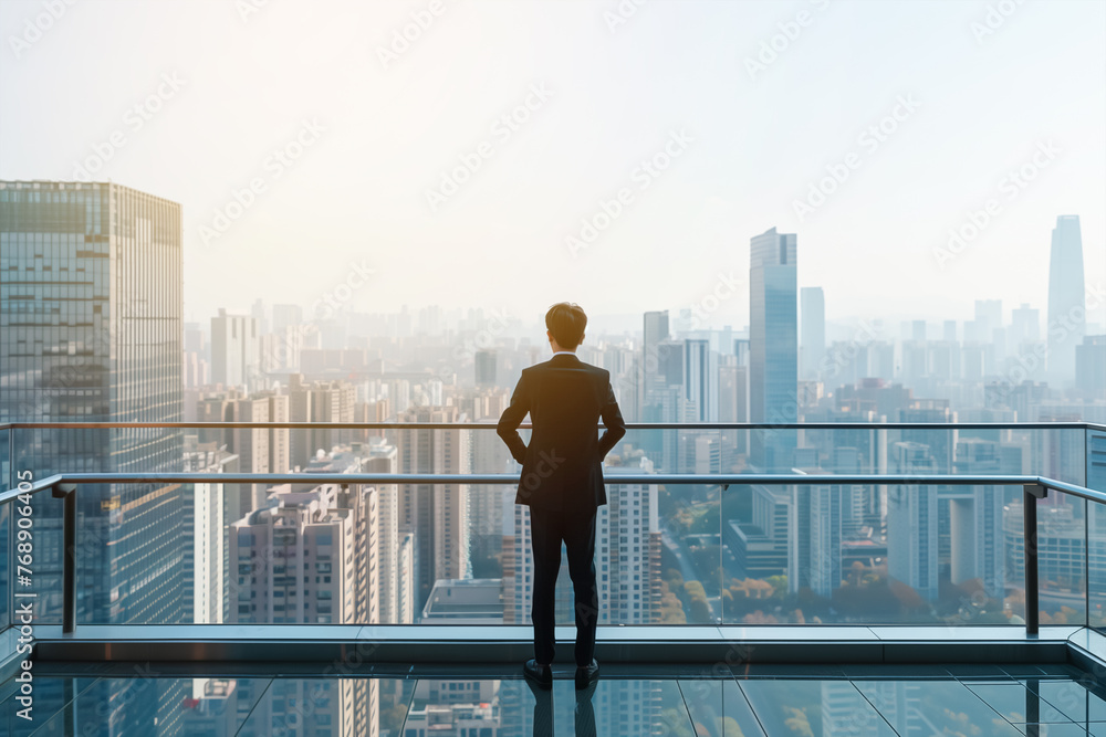 Businessman standing on a balcony and looking at the city skyline with a sunset background, evoking a sense of vision and ambition. Businessman standing on a balcony and looking at the city skyline with a sunset background, evoking a sense of vision and ambition.