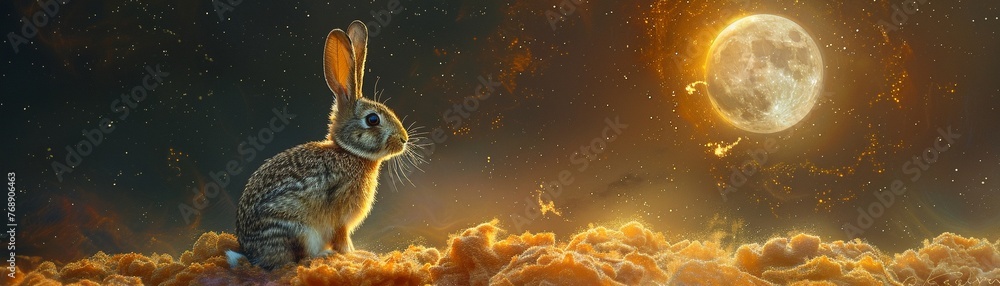 Rabbit gazing at the moon from a golden cloud, enchanting night, mystical closeup clean sharp focus Rabbit gazing at the moon from a golden cloud, enchanting night, mystical closeup clean sharp focus