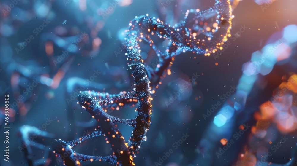 Biomedical research in genetics and drug development, close-up on genetic sequencing, molecule model Biomedical research in genetics and drug development, close-up on genetic sequencing, molecule model