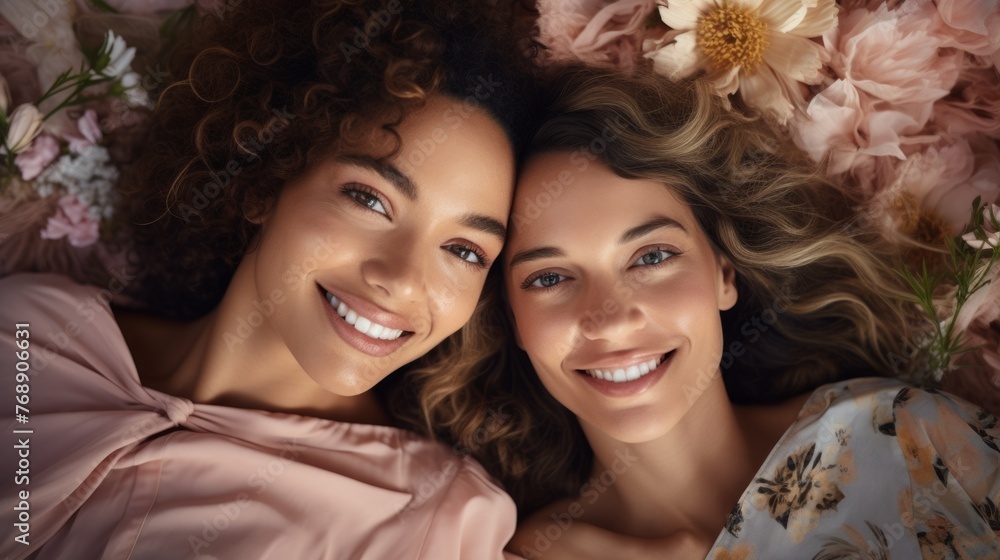 Two beautiful women lying on a bed of flowers