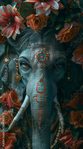 Ganesh, Flowers, Vibrant Celebrations, Festive Attire, Realistic, Golden Hour, Chromatic Aberration © panyawatt