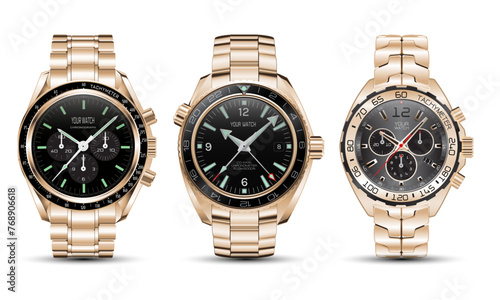 Realistic watch chronograph gold black face set collection on white background luxury vector