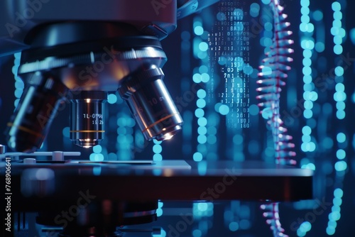 Biotechnology research on a molecular level, samples under a microscope with digital analysis