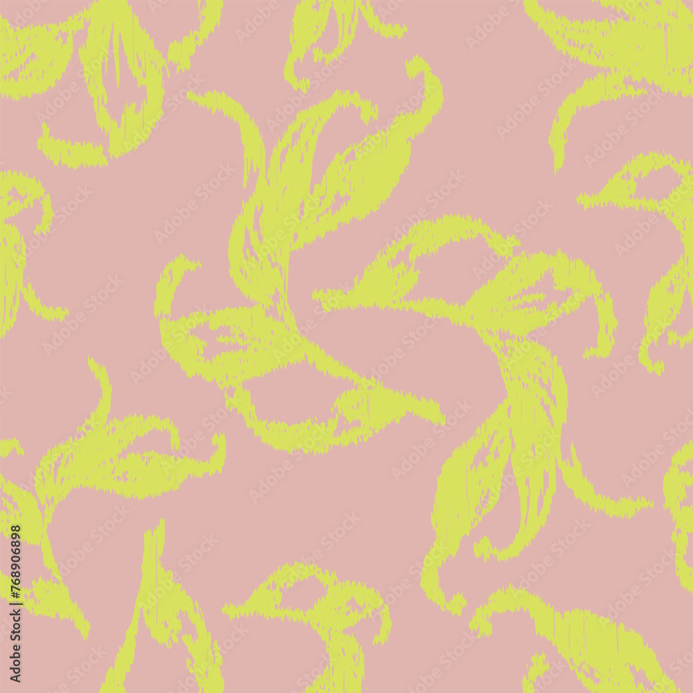 Seamless ikat pattern with floral elements on pink background
