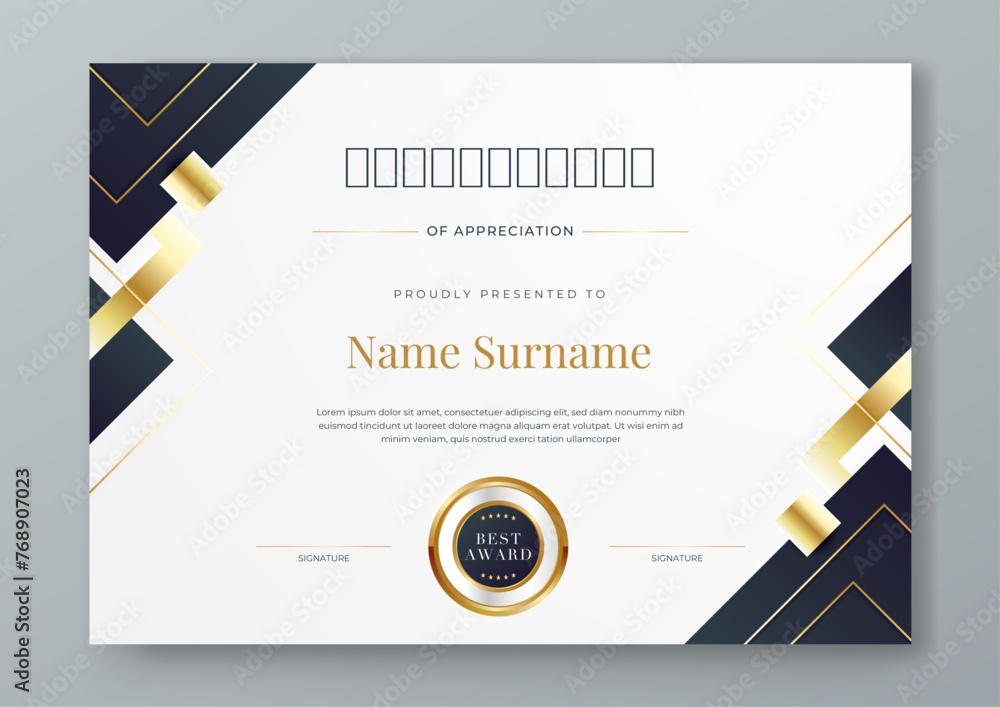 Black white and gold certificate of corporate luxury and modern template. For corporate, achievement, diploma, award, graduation, completion, appreciation, acknowledgement, recognition etc Black white and gold certificate of corporate luxury and modern template. For corporate, achievement, diploma, award, graduation, completion, appreciation, acknowledgement, recognition etc