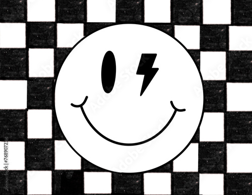 black and white checkered smiley face