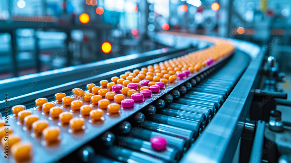 Medicine Manufacturing: Pills Moving Toward Blister Packaging - obrazy, fototapety, plakaty 