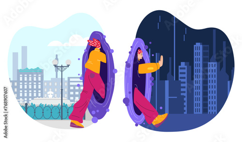 Vector illustration: teleport from daytime to nighttime.