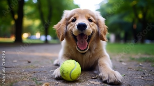 A Golden Retriever Puppy Playing with a Tennis Ball