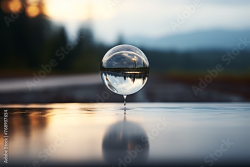 Transparent water drop with reflection of landscape inside