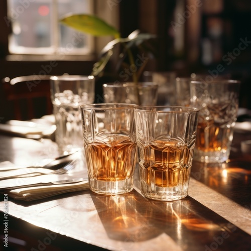 Two glasses of whiskey on a wooden table in a restaurant