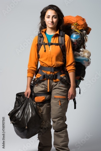 Female mountaineer with large backpack and black garbage bag photo