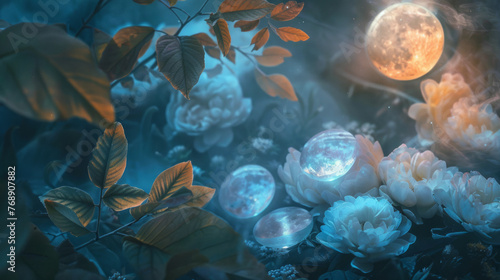 This captivating scene features moonlit orbs amidst a backdrop of mystical flowers, with a full moon adding to the allure