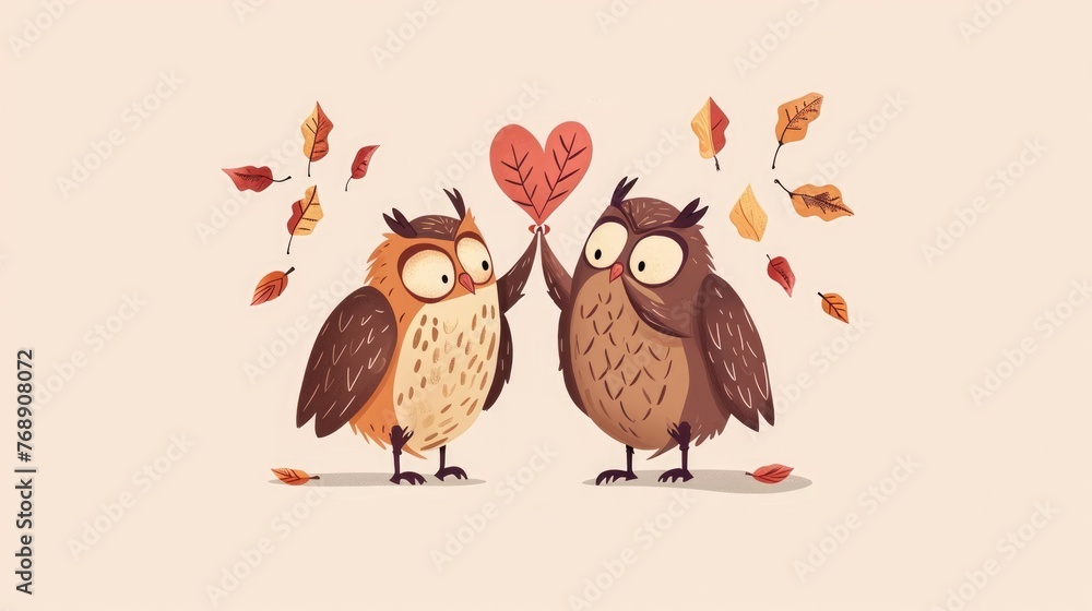 Obraz premium big owl couple, the male owl presents a heart made with leaves to his partner