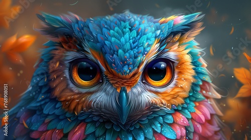 The colorful owls face captivates with its intricate feathers and expressive eyes showcasing a stunning display of vibrant hues, Generated by AI.