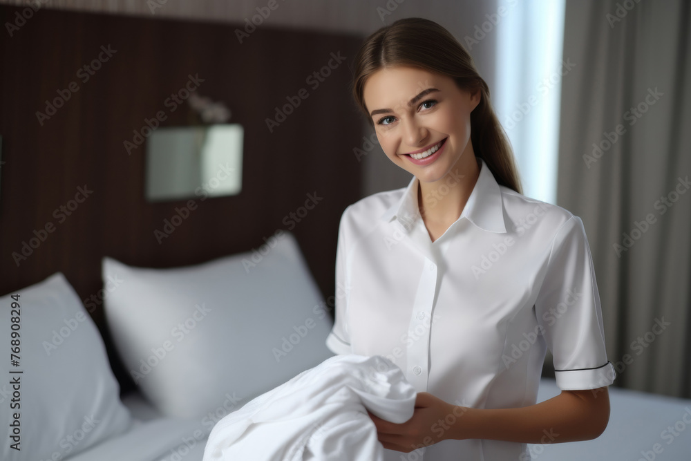 Maid with fresh clean towels during housekeeping in a hotel room. Close-up of Hand professional chambermaid putting stack of fresh towels in hotel room Generative AI. Maid with fresh clean towels during housekeeping in a hotel room. Close-up of Hand professional chambermaid putting stack of fresh towels in hotel room Generative AI.