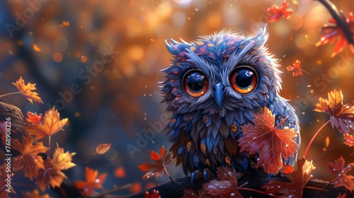 The colorful owl displayed intricate plumes and captivating eyes drawing attention to its striking face, Generated by AI.