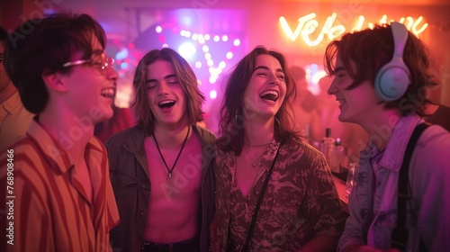 Four friends laughing and having fun at a party