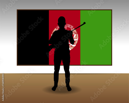 Man holding a gun in front of Afghanistan flag, fight or war idea