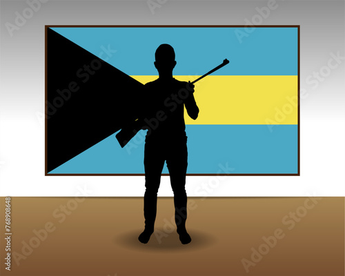 Man holding a gun in front of Bahamas flag, fight or war idea