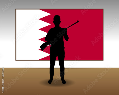 Man holding a gun in front of Bahrain flag, fight or war idea