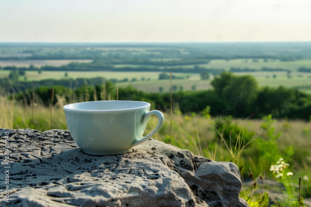 lone tea cup on rock, with a panoramic meadow view lone tea cup on rock, with a panoramic meadow view