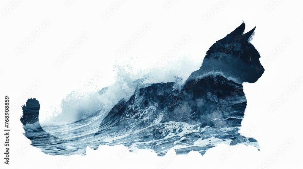Obraz premium cat silhouette in double expossure of ocean waves, isolated on clean white background