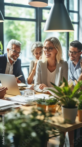 A group of business professionals having a meeting in a modern office