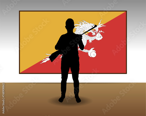 Man holding a gun in front of Bhutan flag, fight or war idea
