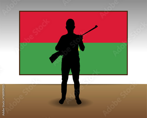 Man holding a gun in front of Burkina Faso flag, fight or war idea