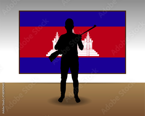 Man holding a gun in front of Cambodia flag, fight or war idea