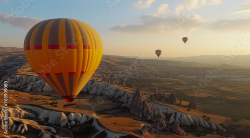 Spectacular Landscape Beneath Colorful Hot Air Balloons in Flight
