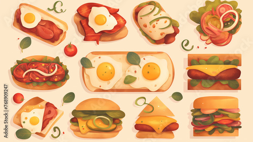 Set of vector illustrations of sandwiches with fried eggs  ham  cheese and vegetables.