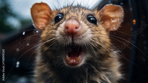 Close up of a rat looking at the camera with its mouth open photo