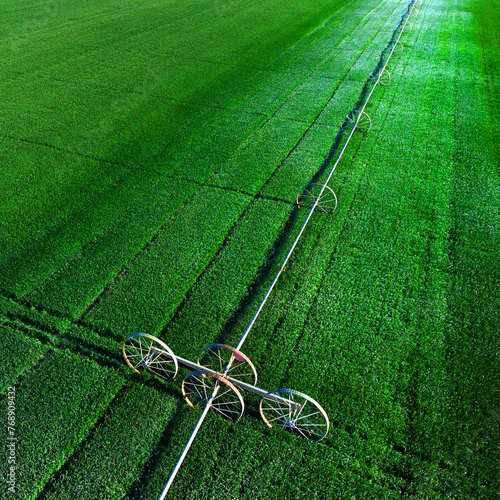 Aerial View from a Drone Flying above Green Farm Field Growing Crops Irrigation Pivot Sprinklers