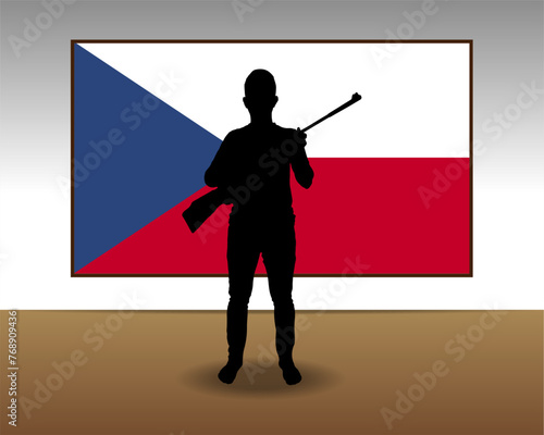 Man holding a gun in front of Czech Republic flag, fight or war idea
