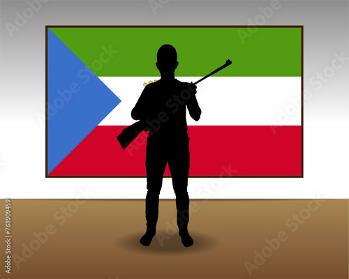 Man holding a gun in front of Equatorial Guinea flag, fight or war idea