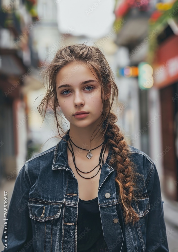 teenager girl ,artistic fashion portrait, city street on background teenager girl ,artistic fashion portrait, city street on background