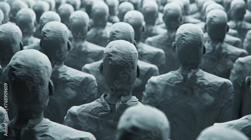 An arrangement of multiple identical figures with textured grey skin, creating a strong instance of crowd or collective under artificial lighting, suggesting uniformity and conformity.